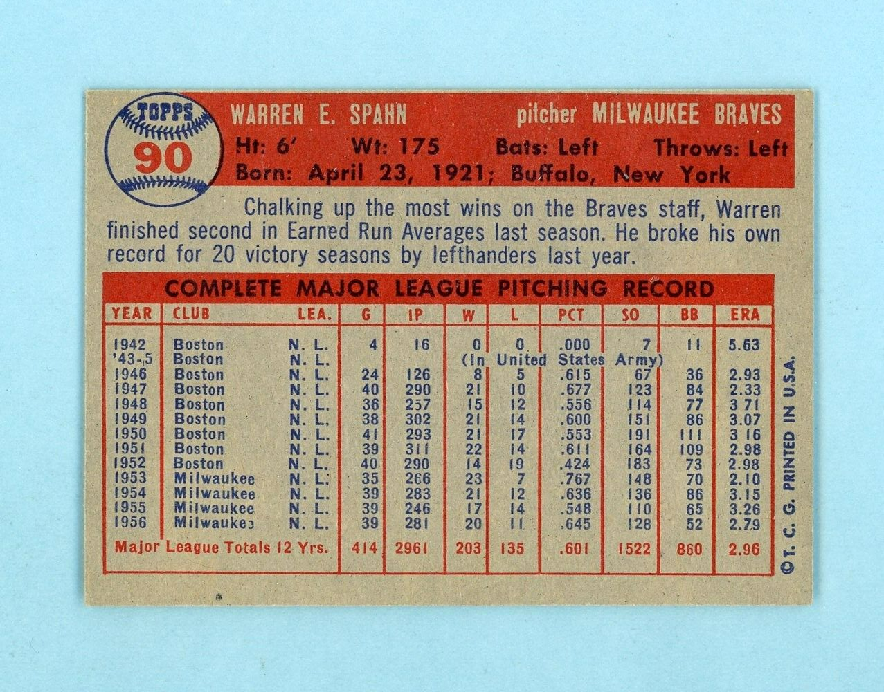 1957 Topps #90 Warren Spahn Milwaukee Braves Baseball Card NM o/c prt mk tr