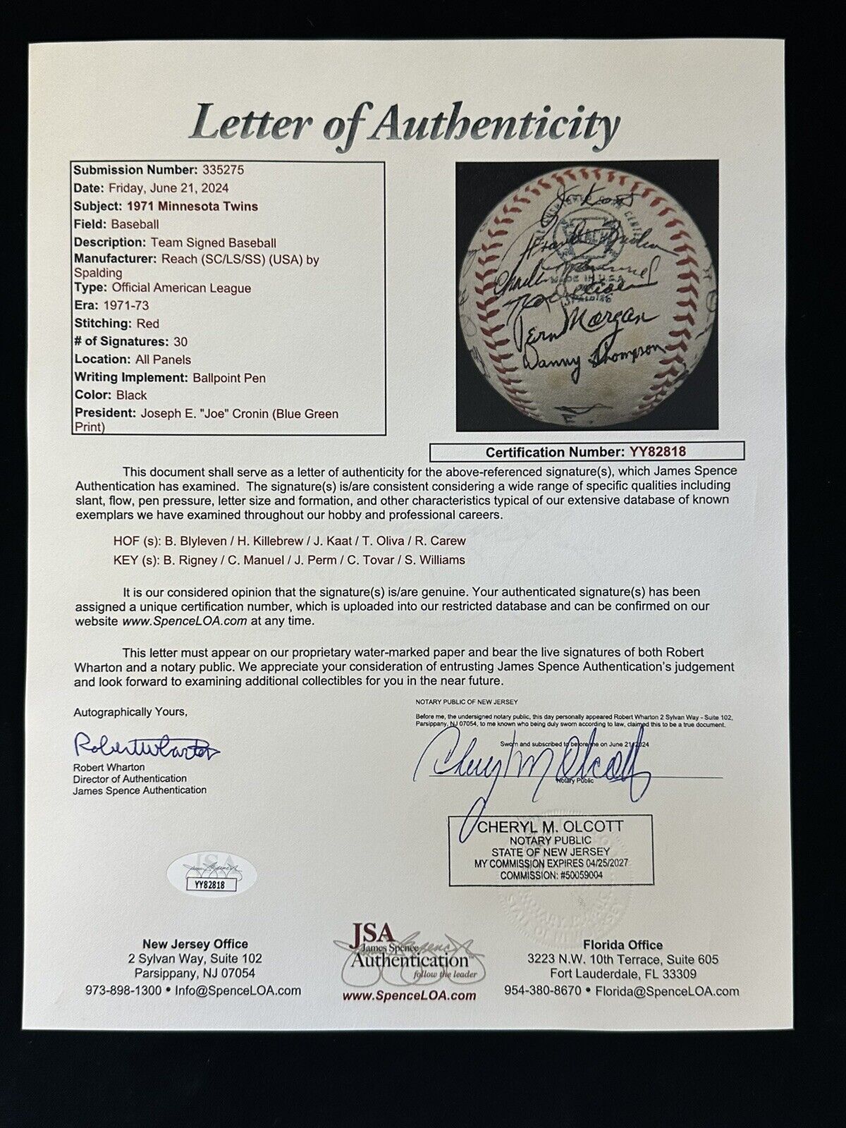 1971 Minnesota Twins TEAM SIGNED Official AL Baseball 30 sigs w/ Killebrew JSA