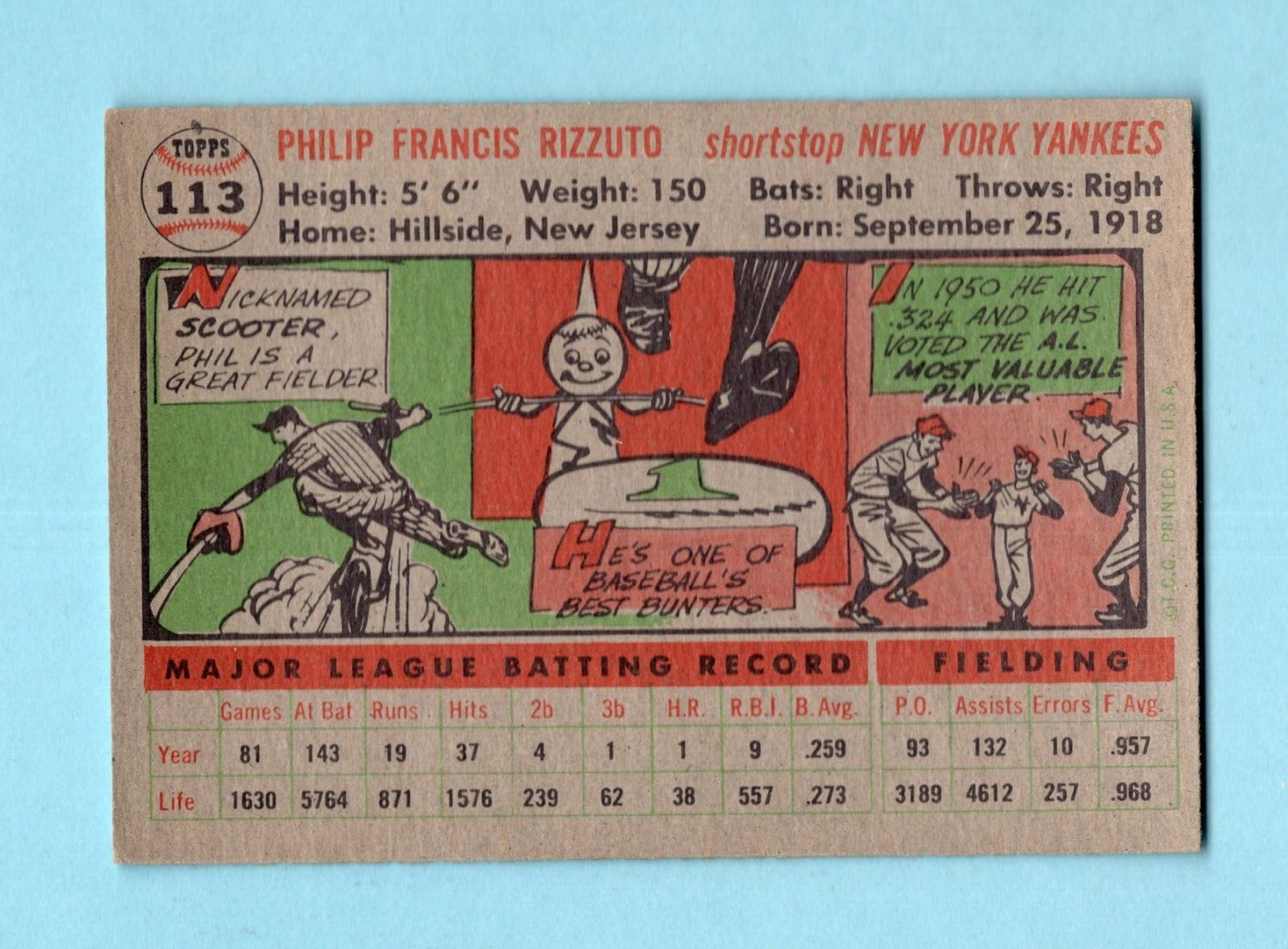 1956 Topps #113 Phil Rizzuto New York Yankees Baseball Card EX++