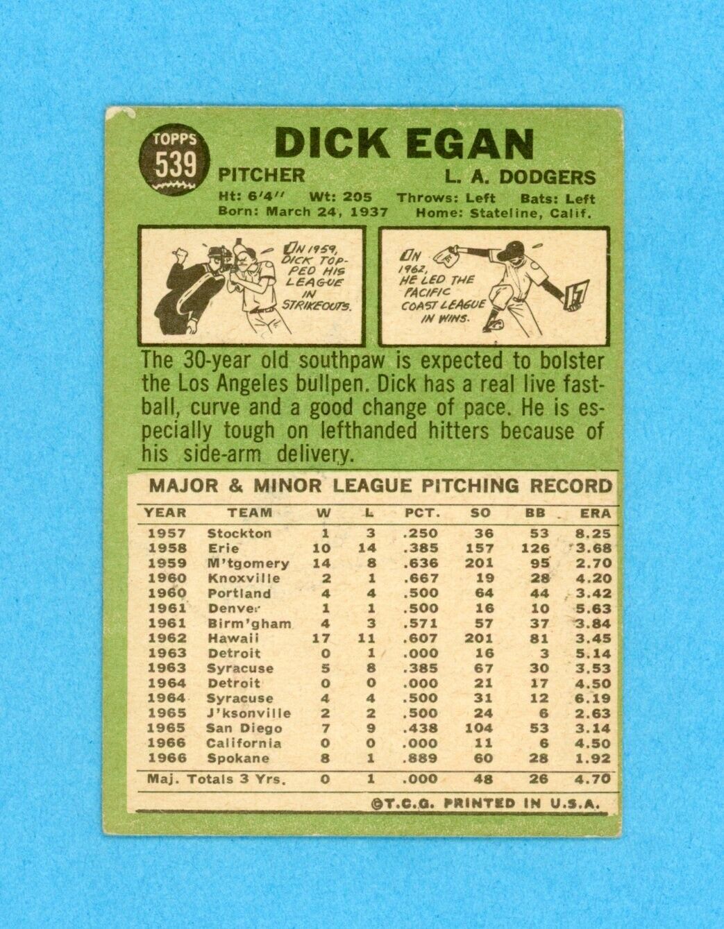 Dick Egan Signed 1967 Topps Hi# Card #539 Auto with B&E Hologram