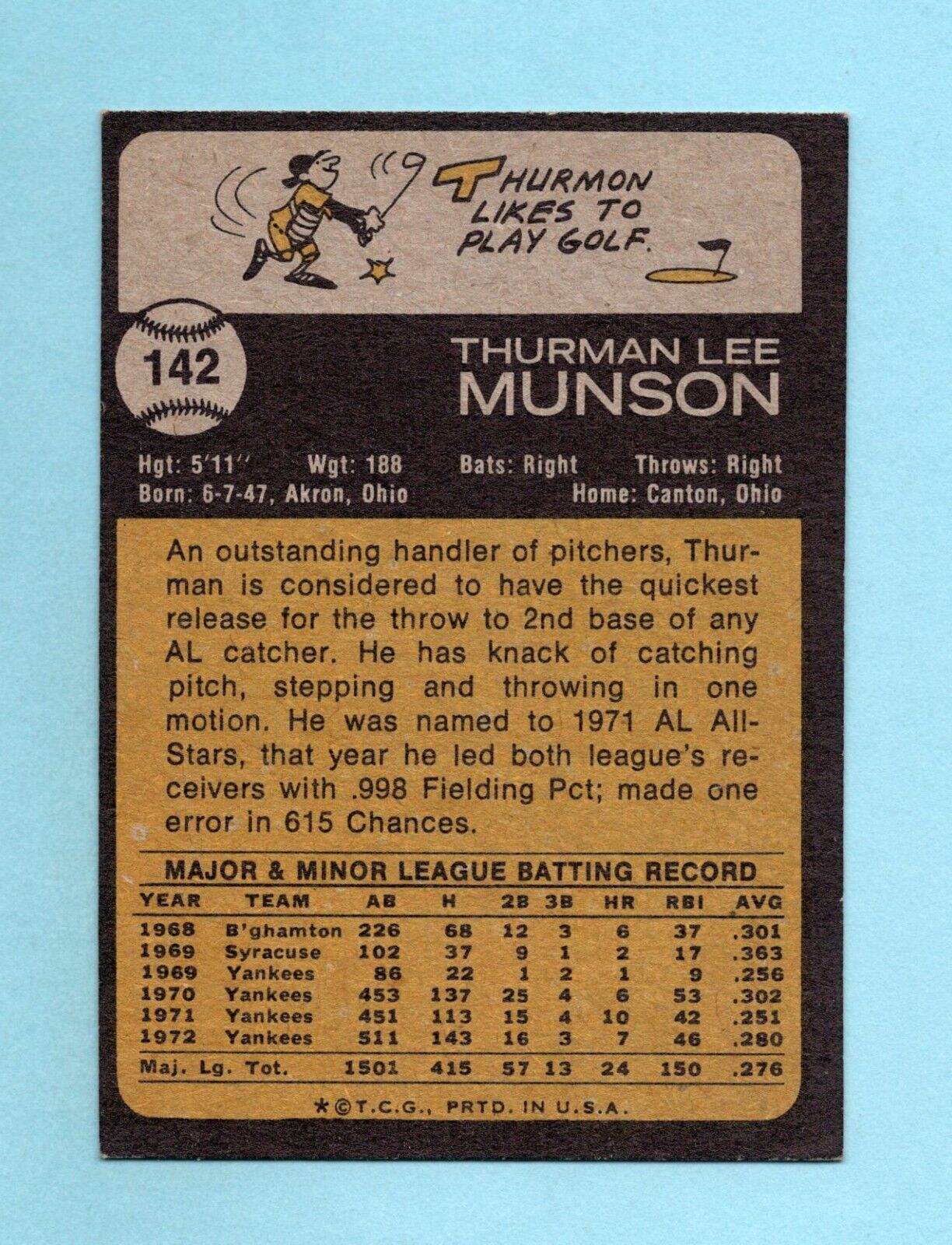 1973 Topps #142 Thurman Munson New York Yankees Baseball Card Ex/Mt o/c