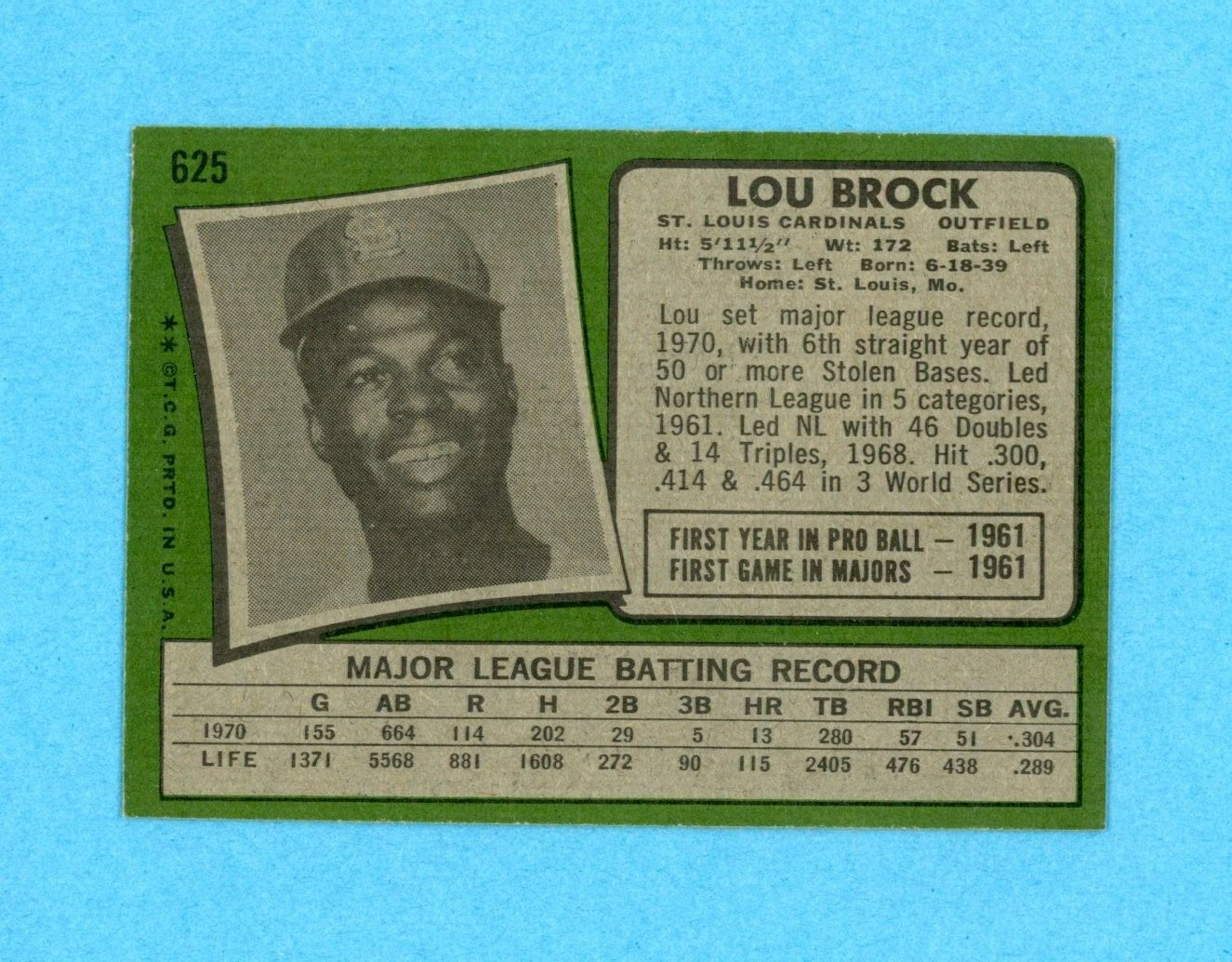 1971 Topps #625 Lou Brock St. Louis Cardinals Baseball Card Ex/Mt o/c