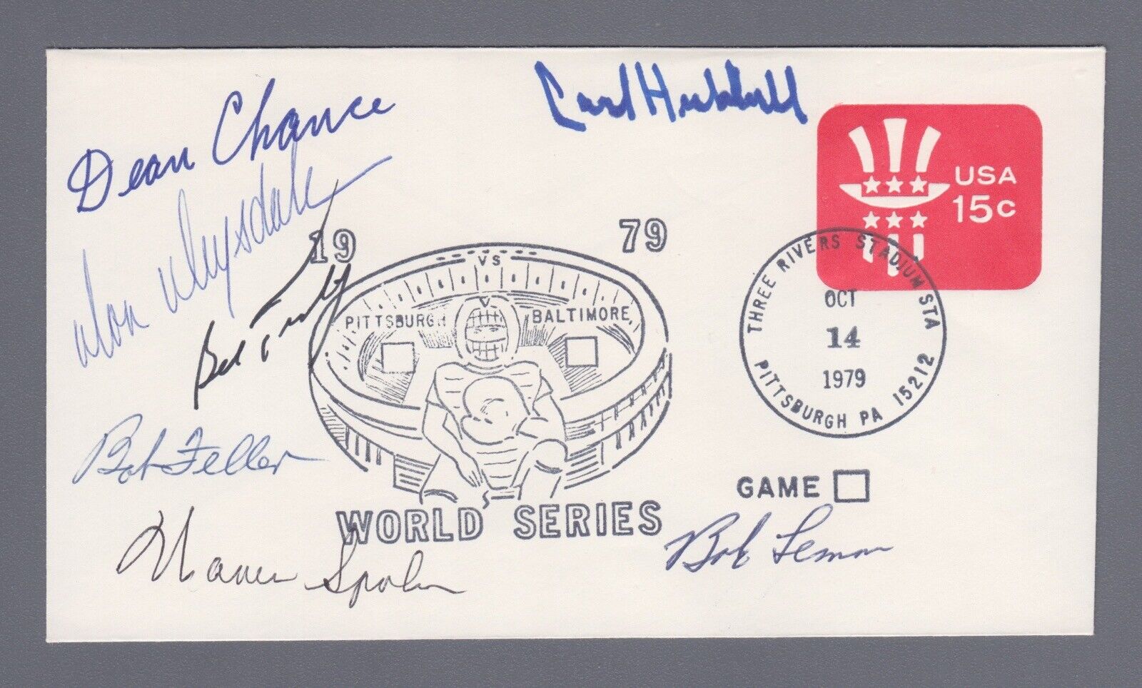 Signed First Day Cover 10/14/79 Cachet 7 Sigs with Drysdale, Hubbell, Spahn B&E