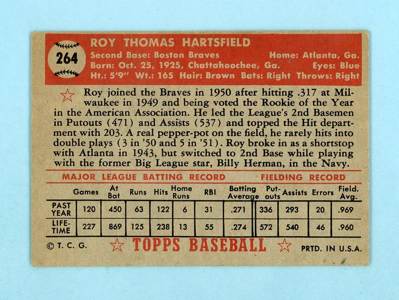 1952 Topps #264 Roy Hartsfield Boston Braves Baseball Card EX - EX+