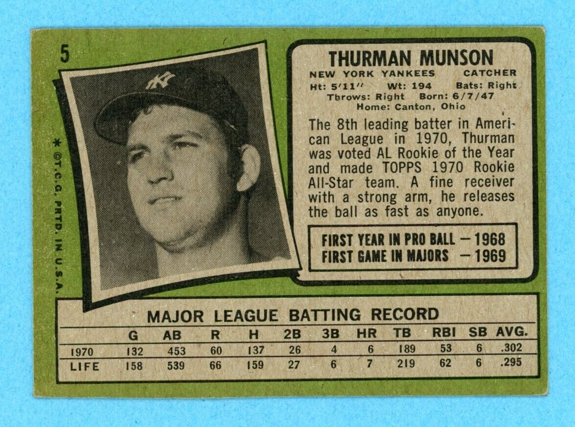 1971 Topps #5 Thurman Munson New York Yankees Baseball Card ALTERED CCI