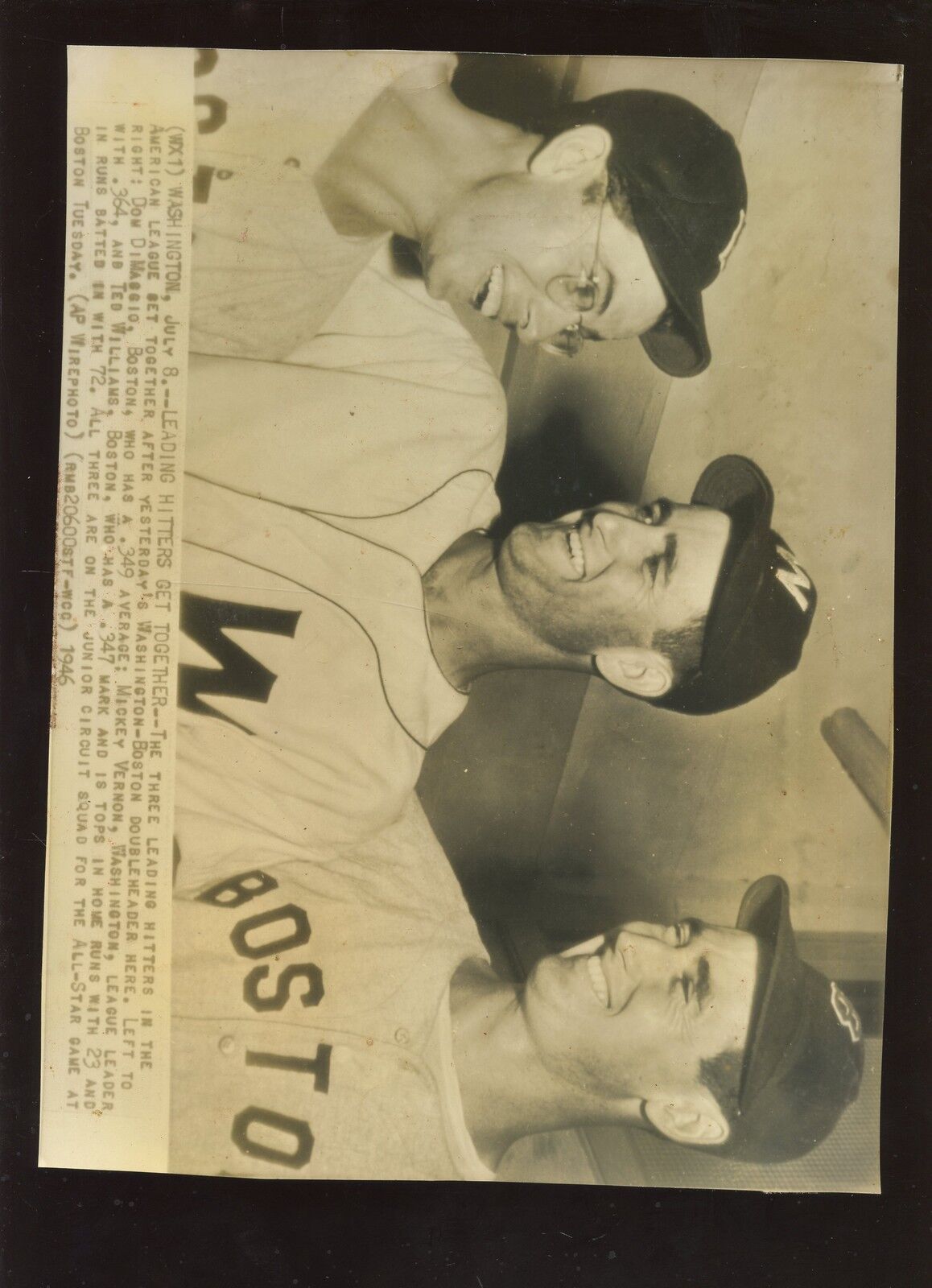 Original July 8th Ted Williams Mickey Vernon Dom DiMaggio Wire Photo