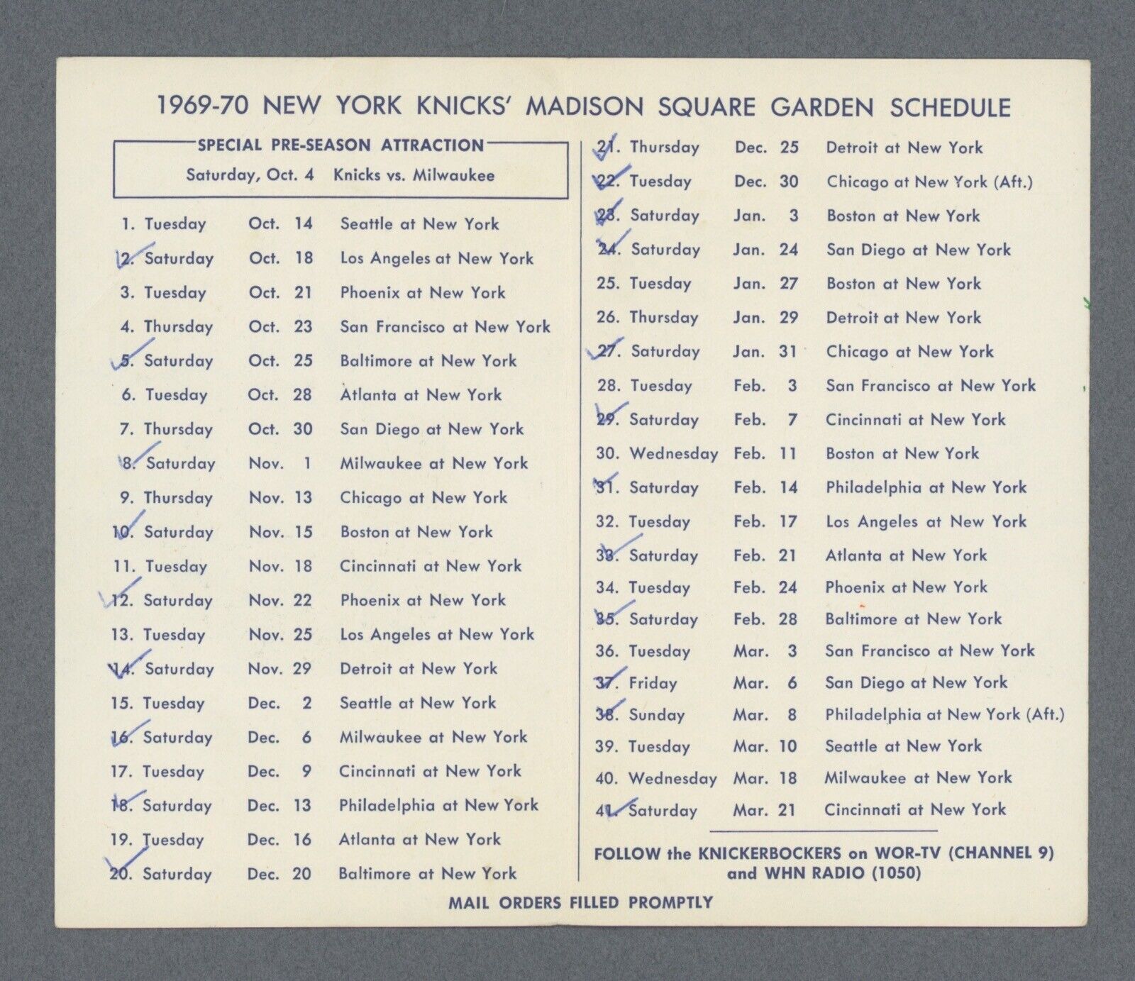 1969-70 Knicks Schedule Signed by Russell, Stallworth, & May Auto w B&E Hologram