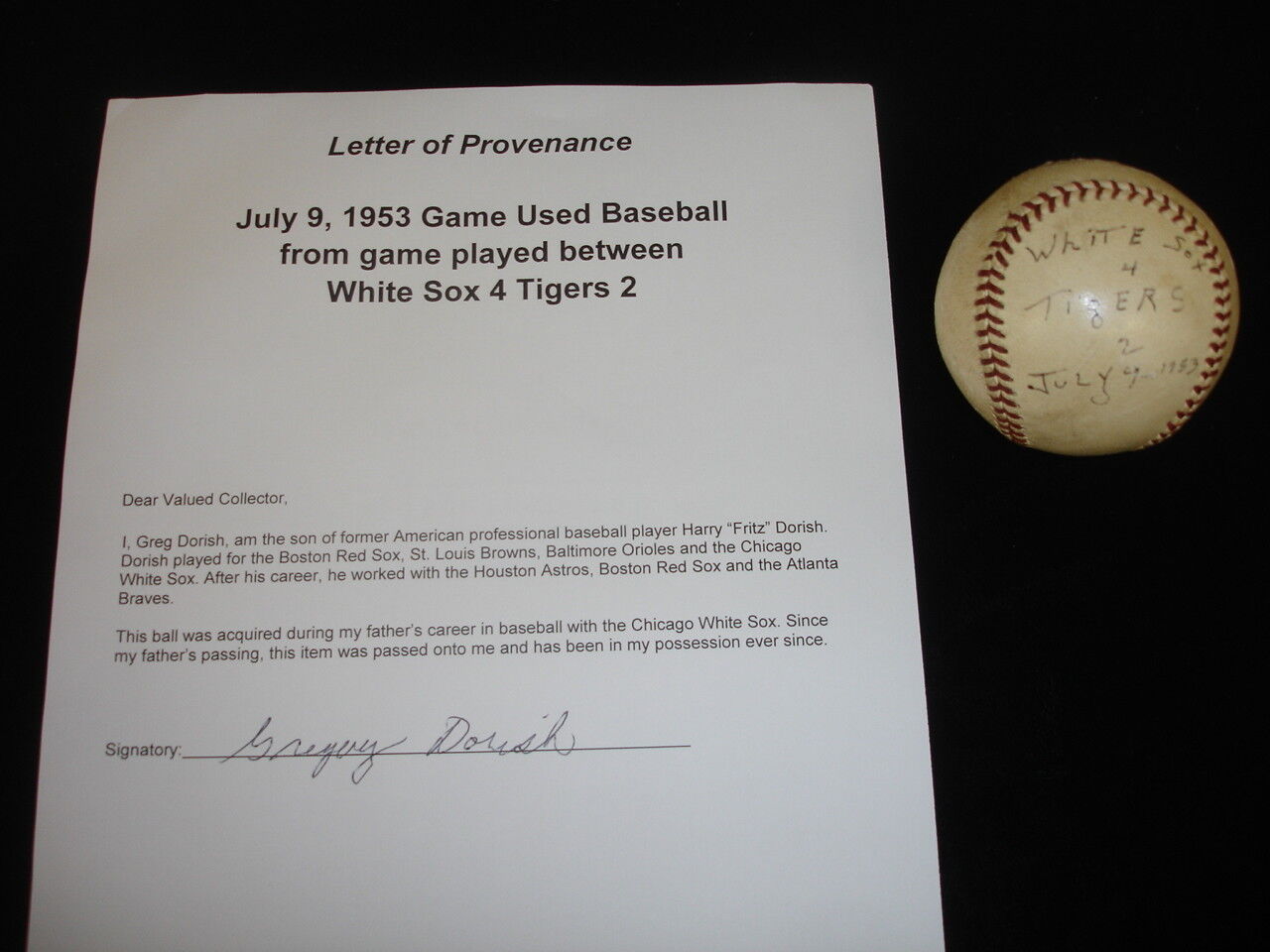 July 9, 1953 White Sox Game Used Official AL Baseball w/ Harry Dorish Family LOA