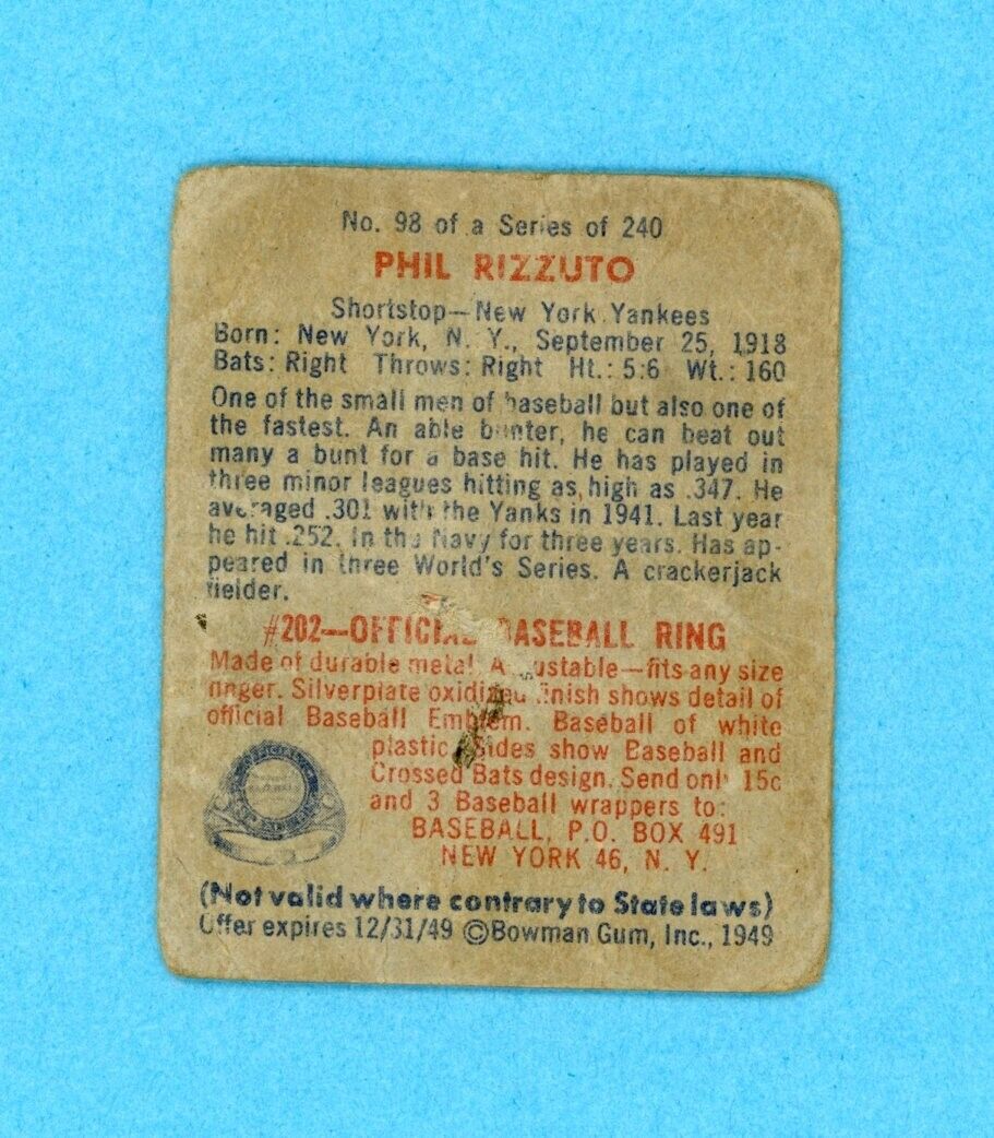 1949 Bowman #98 Phil Rizzuto New York Yankees Baseball Card Low Grade