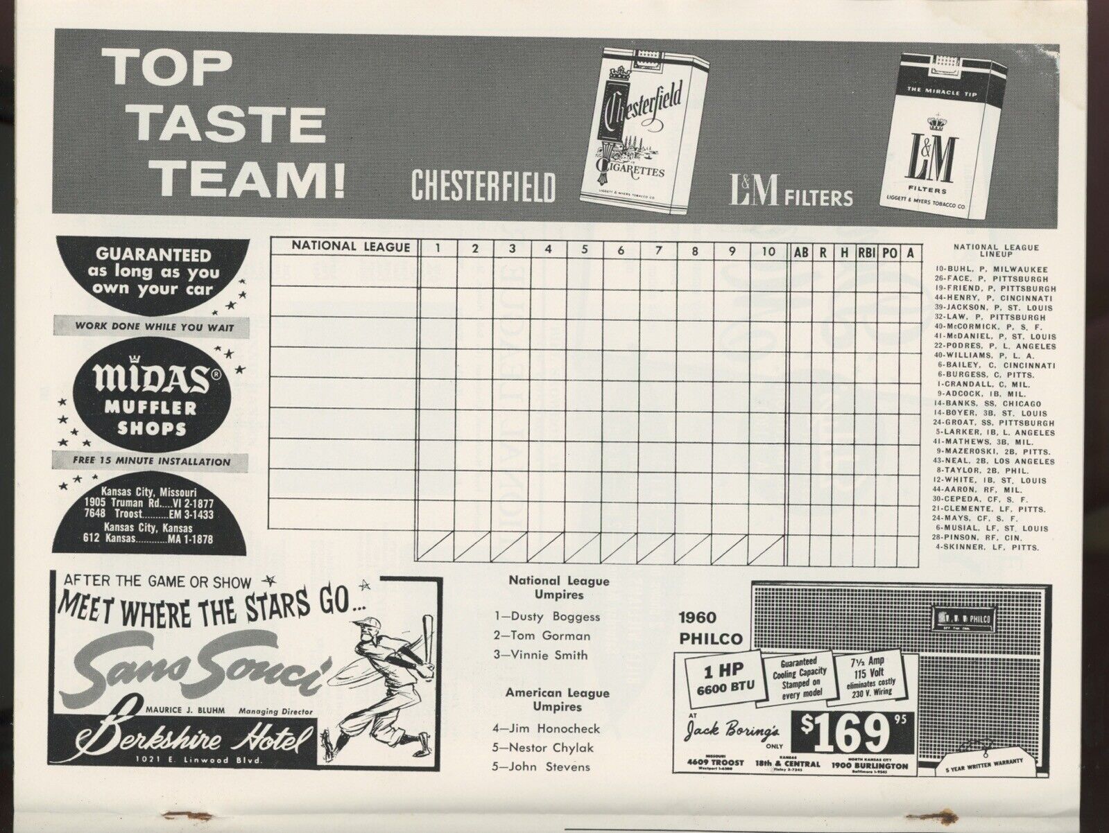 1960 MLB All-Star Game Program • Unscored