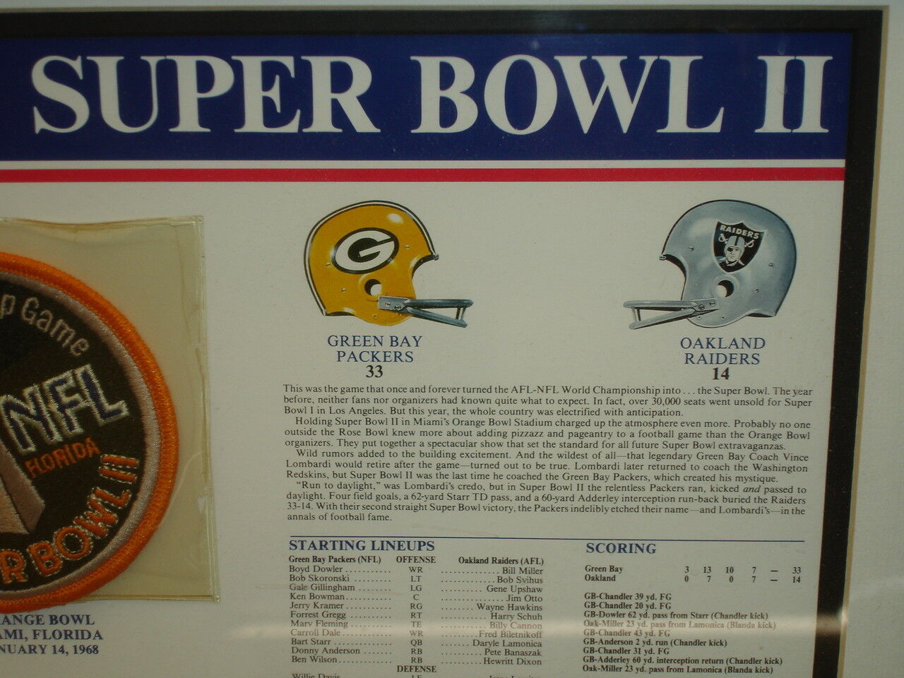 Super Bowl II Jan 14 1968 Packers Raiders Framed 16x21 Display w/ Replica Patch