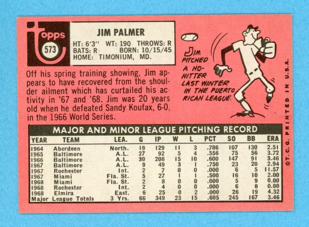 1969 Topps #573 Jim Palmer Baltimore Orioles Baseball Card EX