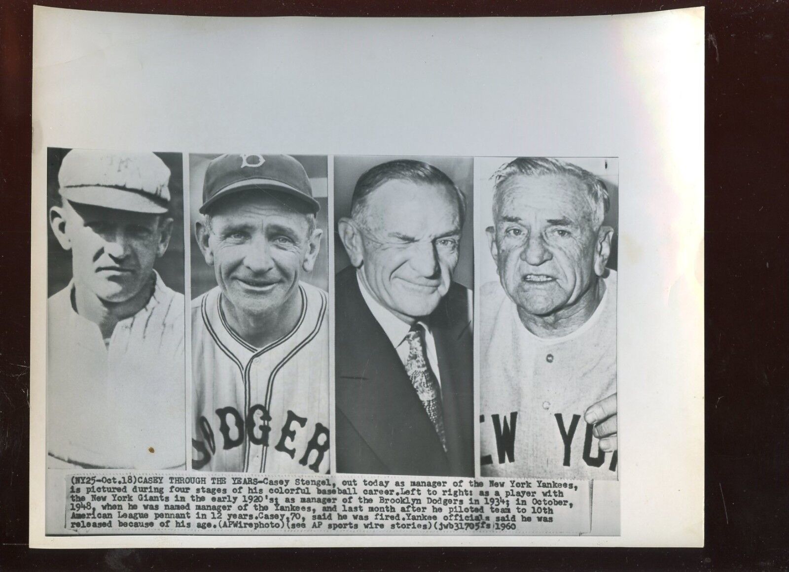 Original October 18 1960 Casey Stengel Through The Years 8 X 10 Wire Photo