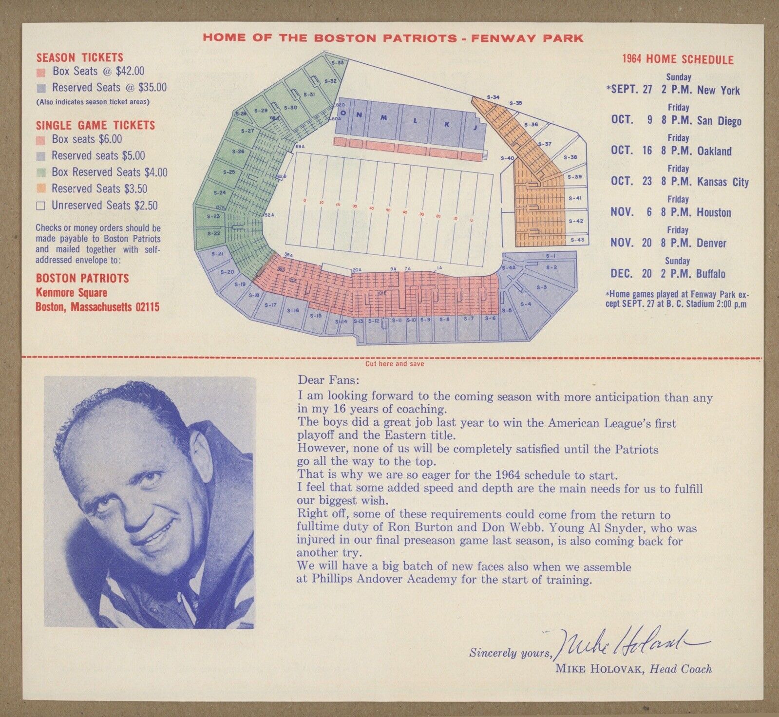 1964 Boston Patriots Fenway Park Letter, Schedule, & Ticket Order Forms 5 Pieces