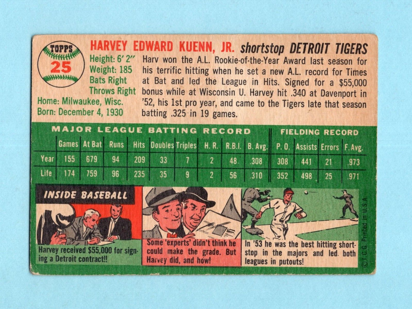 1954 Topps #25 Harvey Kuenn Detroit Tigers Rookie Baseball Card VG