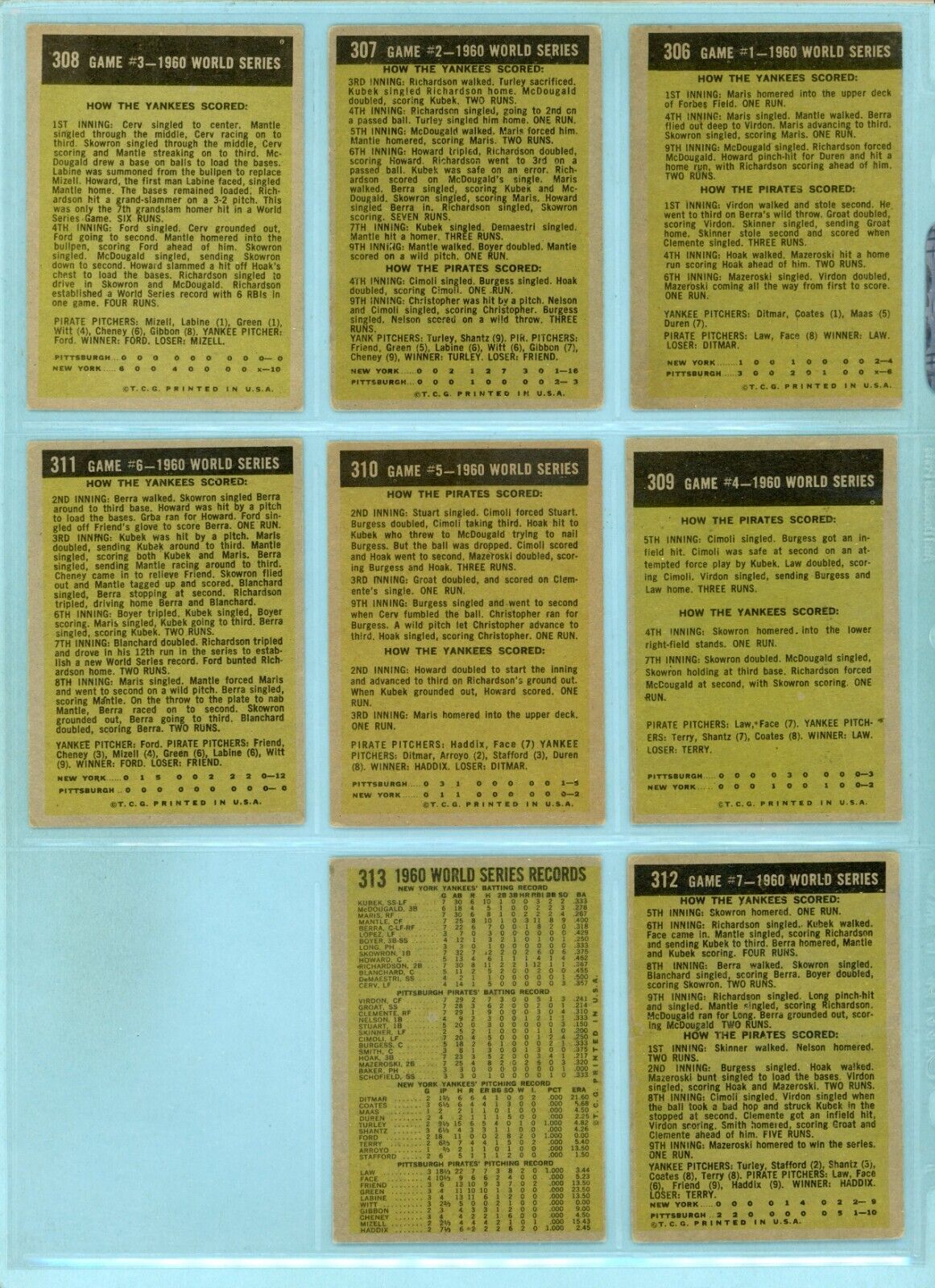 1961 Topps Set of 8 1960 World Series Special Baseball Cards VG - EX