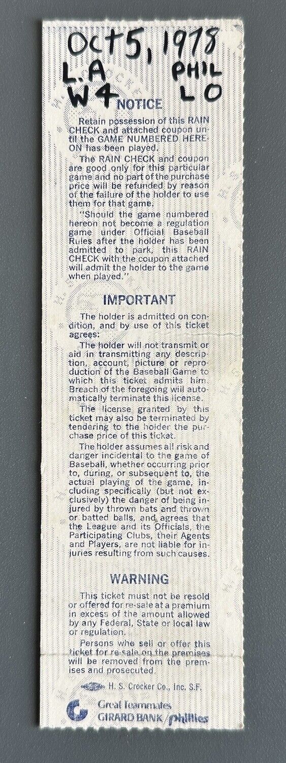 1978 NLCS Ticket Stub Game 2 Dodgers @ Phillies - Davey Lopes Home Run