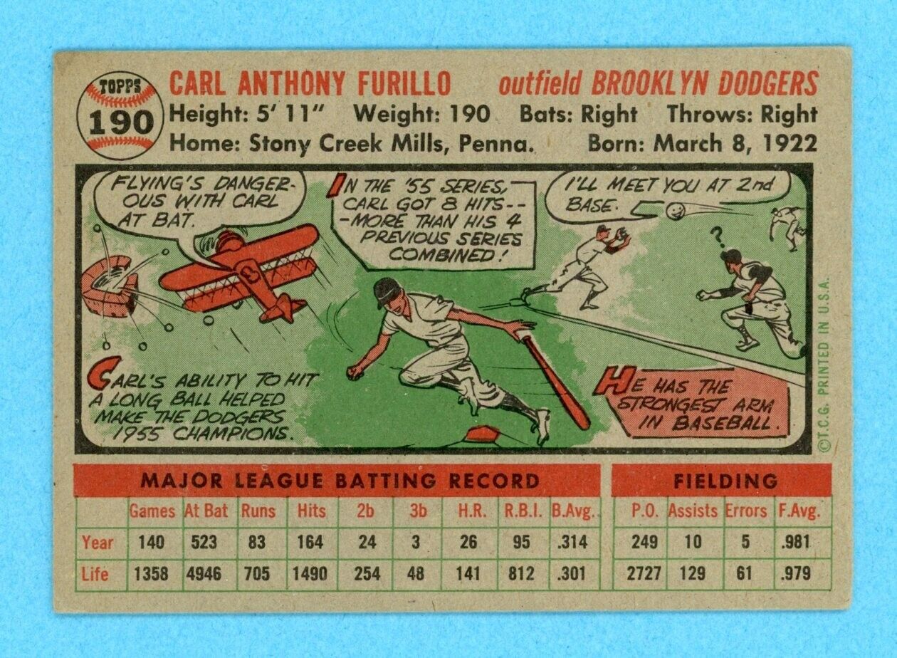 1956 Topps #190 Carl Furillo Brooklyn Dodgers Baseball Card EX - EX+