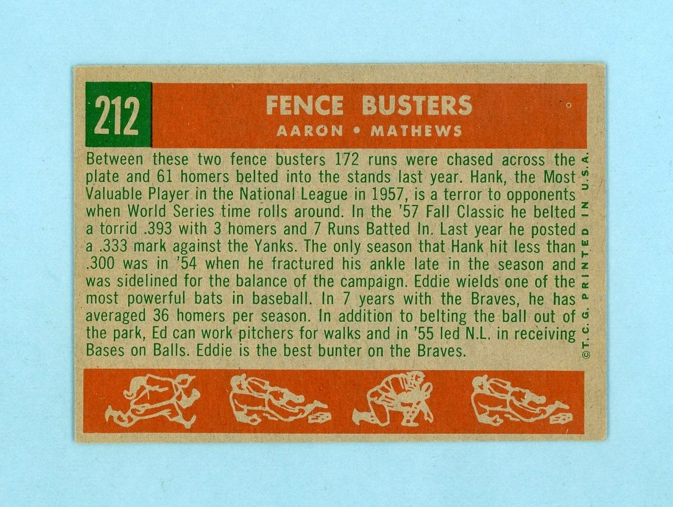 1959 Topps #212 Fence Busters Hank Aaron, Ed Mathews Baseball Card Ex/Mt o/c