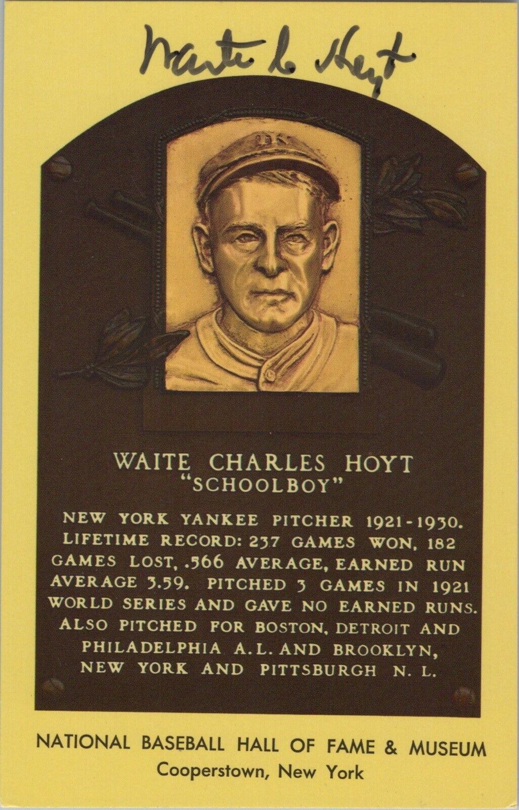 Waite Hoyt Signed Yellow HOF Plaque with B&E Hologram