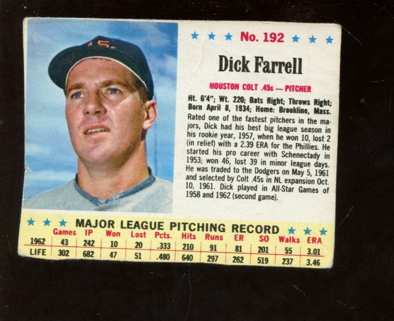 1963 Jello Baseball Card #192 Dick Farrell TOUGH SINGLE PRINT