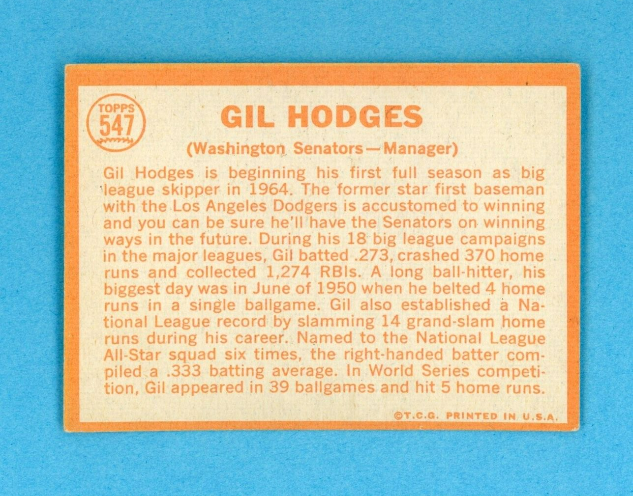 1964 Topps #547 Gil Hodges Washington Senators High Number Baseball Card EX o/c