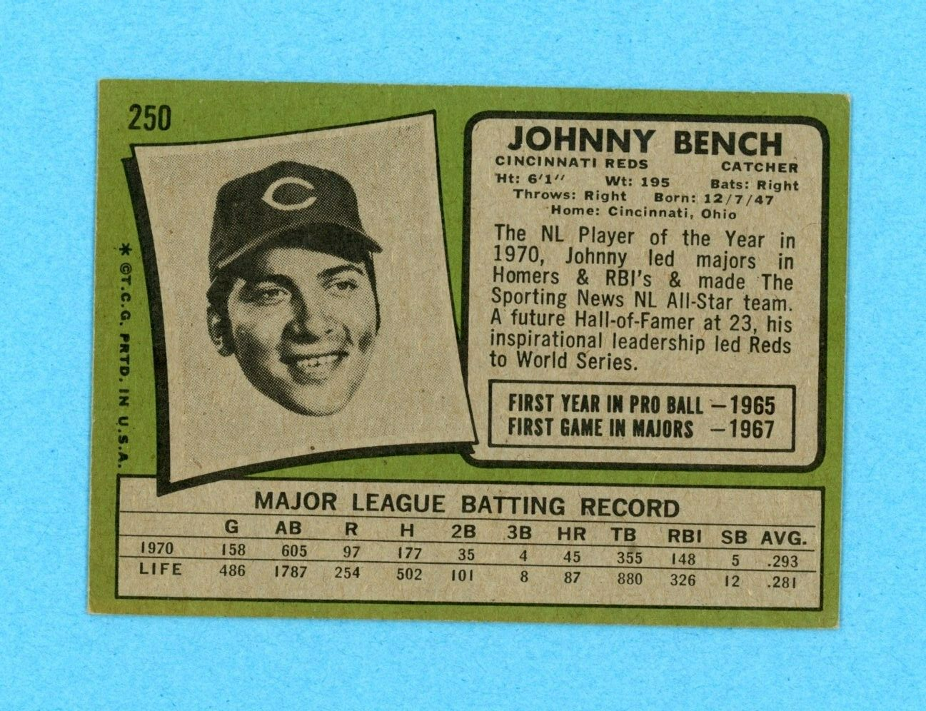 1971 Topps #250 Johnny Bench Cincinnati Reds Baseball Card EX - EX+