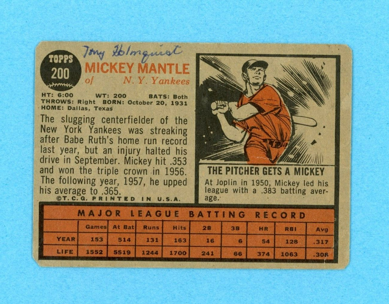 1962 Topps #200 Mickey Mantle New York Yankees Baseball Card Low Grade