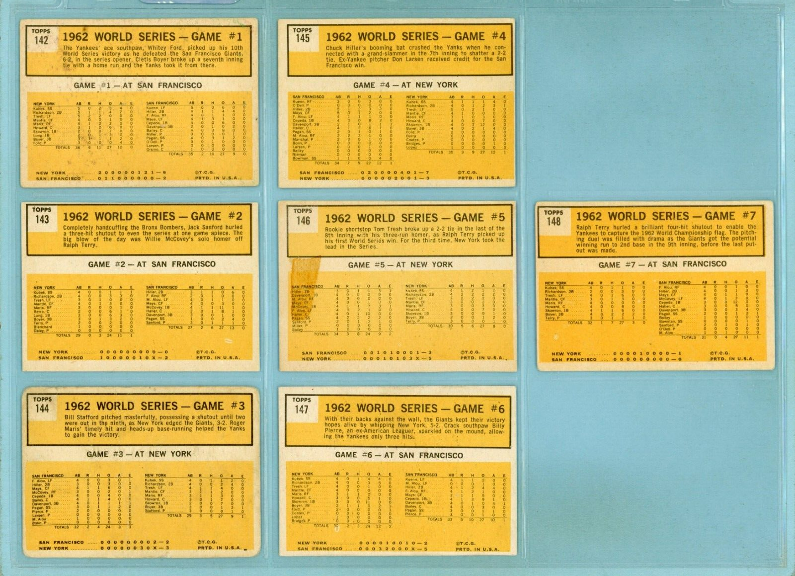 1963 Topps Set of 7 1962 World Series Special Baseball Cards Low Grade