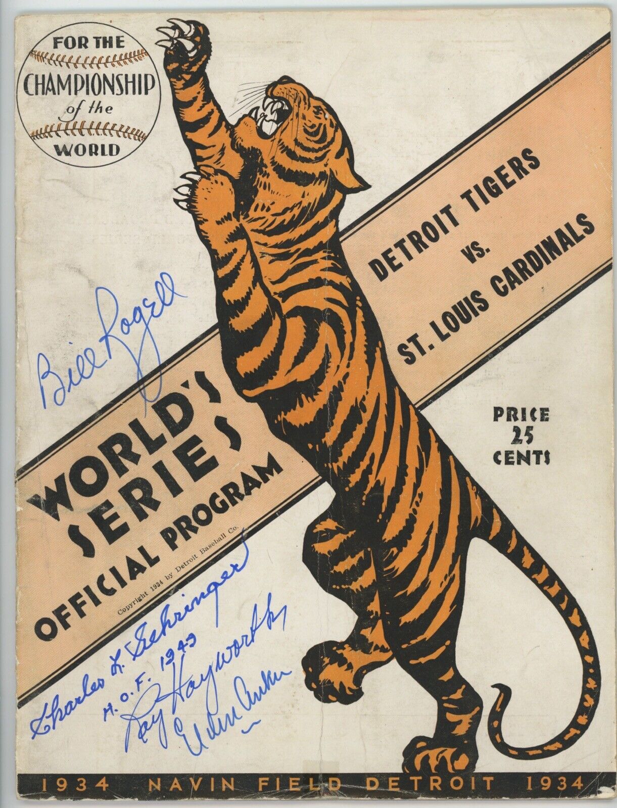 1934 World Series Program Tigers vs Cardinals Signed by Gehringer and 3 others