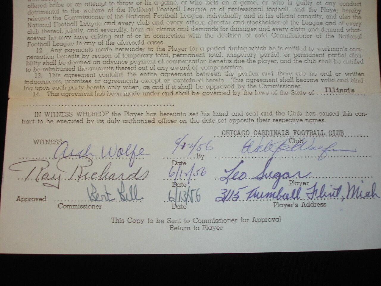 Original 1957 Leo Sugar Chicago Cardinals Signed NFL Players Contract