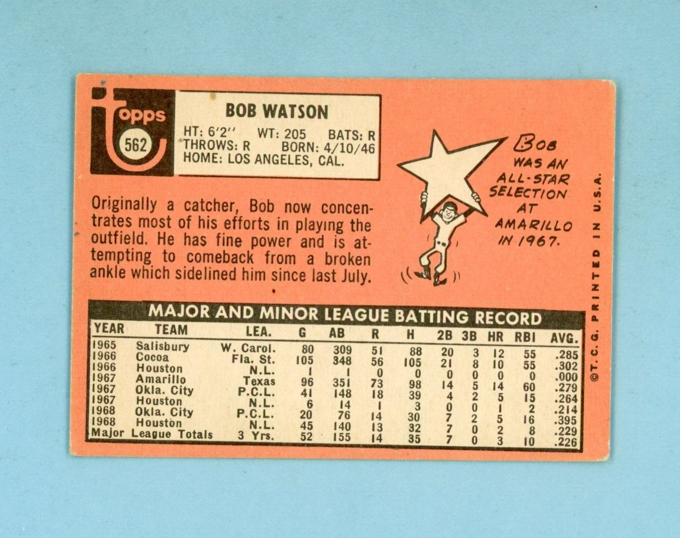 1969 Topps #562 Bob Watson Houston Astros Rookie Baseball Card Vg/Ex