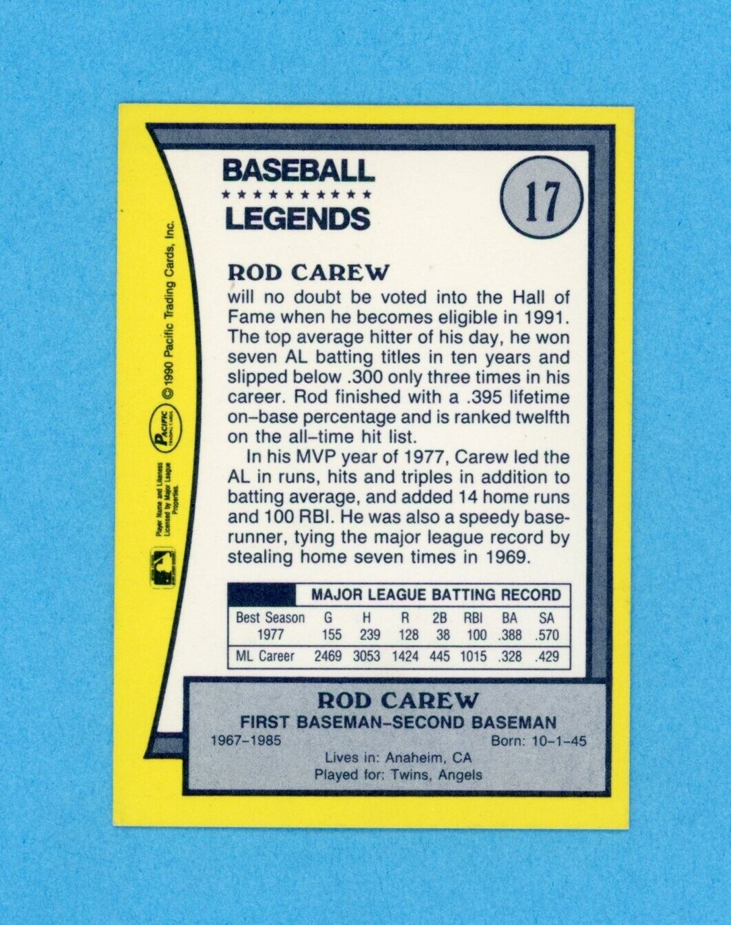 Rod Carew Minnesota Twins 1990 Pacific Legends #17 Autographed Baseball Card