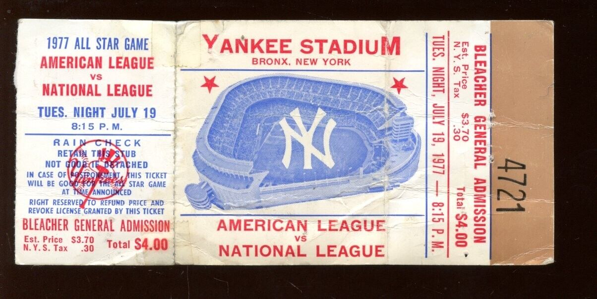 1977 MLB Baseball All Star Game Ticket Stub w/ Rain Check @ Yankee Stadium