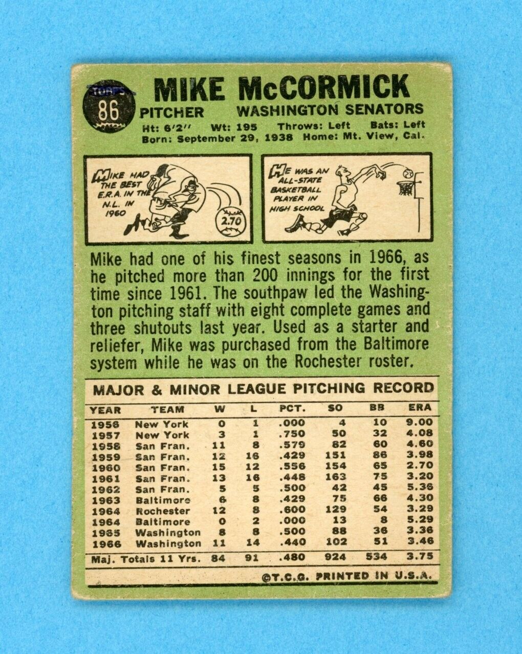 1967 Topps #86 Mike McCormick Wash Senators Baseball Card VG+ pmk no trade vari