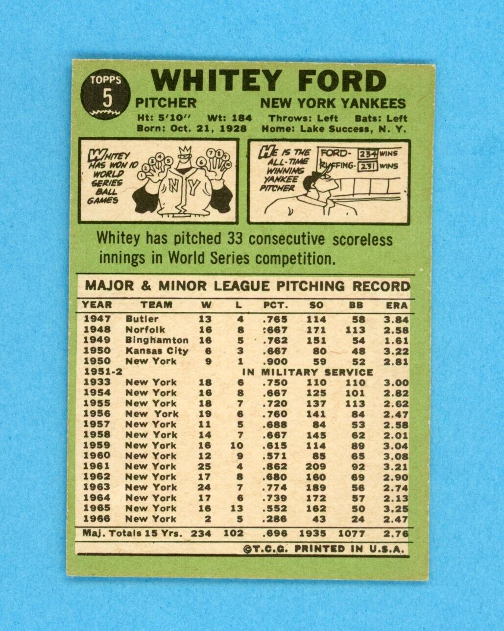 1967 Topps #5 Whitey Ford New York Yankees Baseball Card Ex+ - Ex/Mt o/c