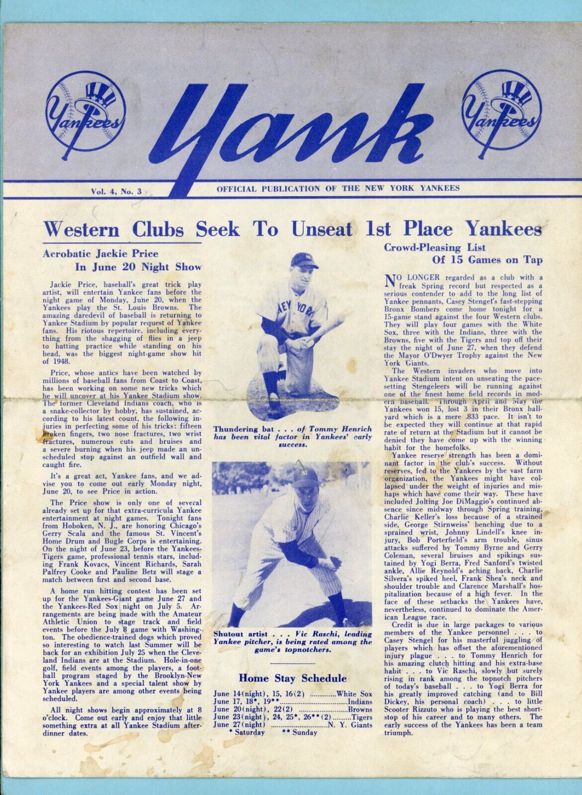 Yank 1949 Official New York Yankees Newsletter Tom Henrich, Vic Raschi on Cover