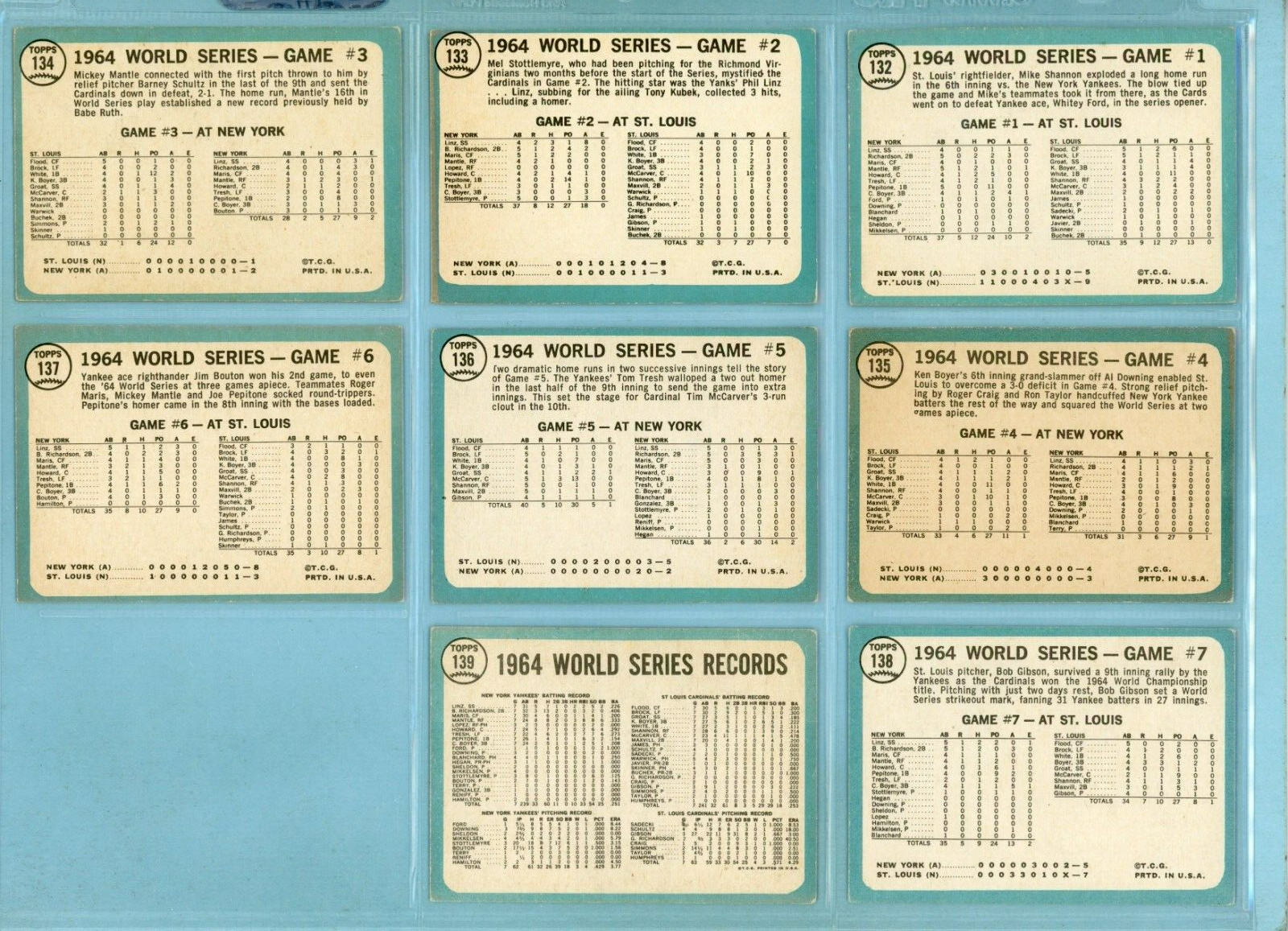 1965 Topps Set of 8 1964 World Series Special Baseball Cards Vg/Ex