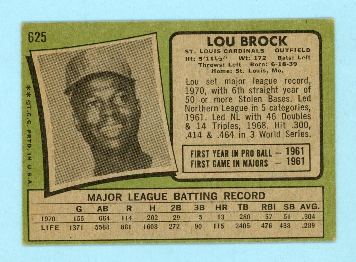 1971 Topps #625 Lou Brock St. Louis Cardinals Baseball Card Vg/Ex ap cres tl