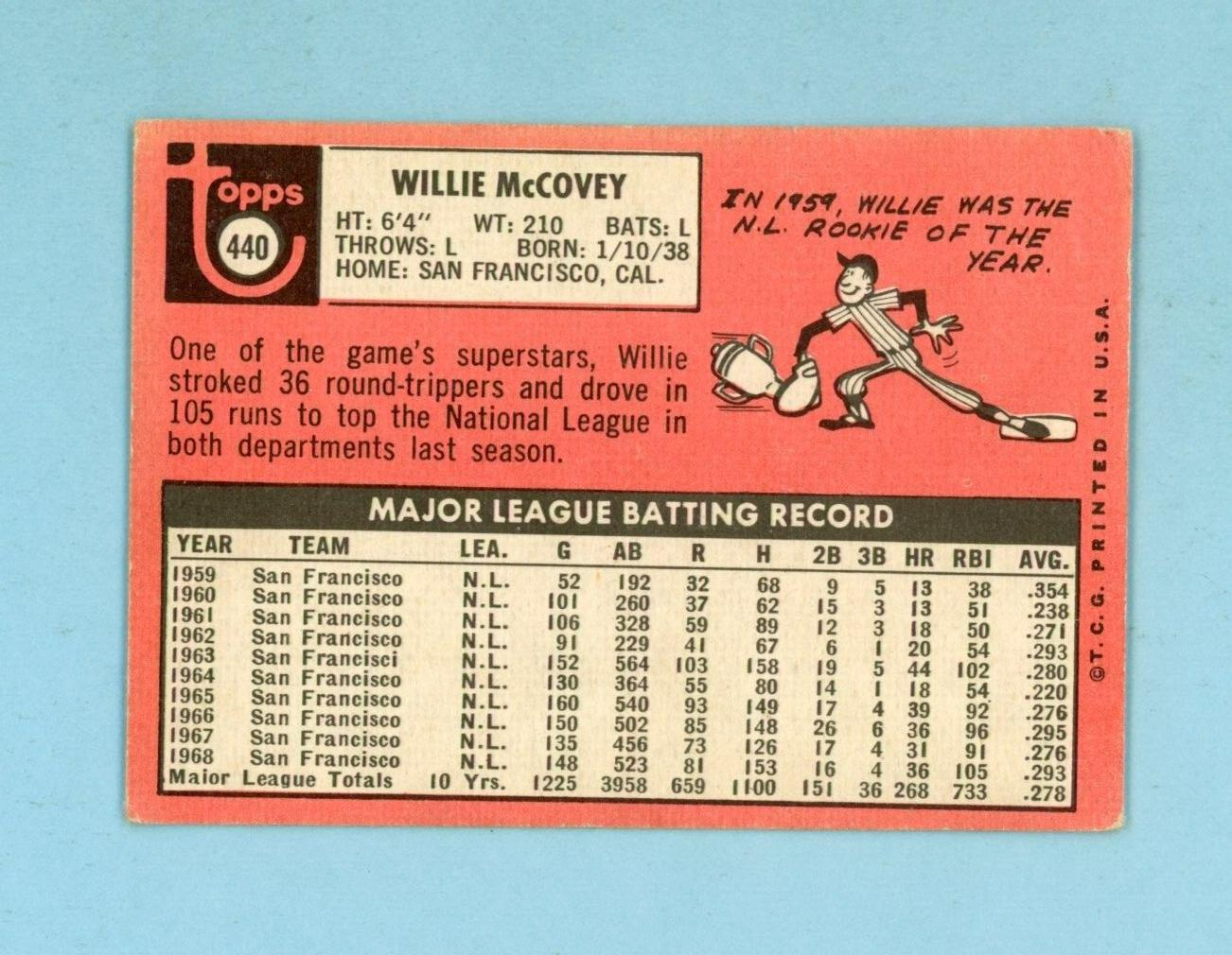 1969 Topps #440 Willie McCovey San Francisco Giants Baseball Card Low Grade