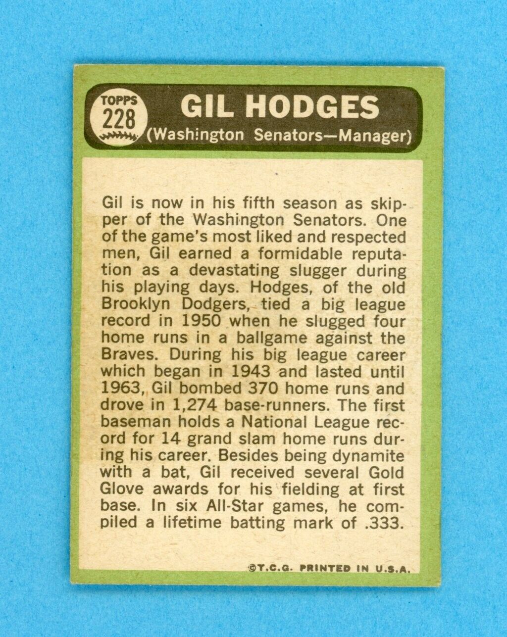 1967 Topps #228 Gil Hodges Washington Senators Baseball Card Ex/Ex+