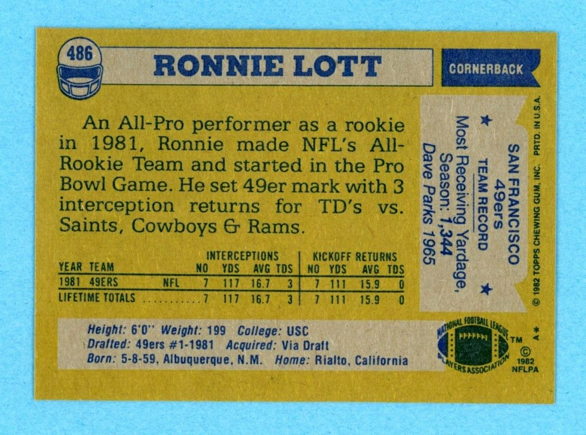 1982 Topps #486 Ronnie Lott San Francisco 49ers Rookie Football Card NM