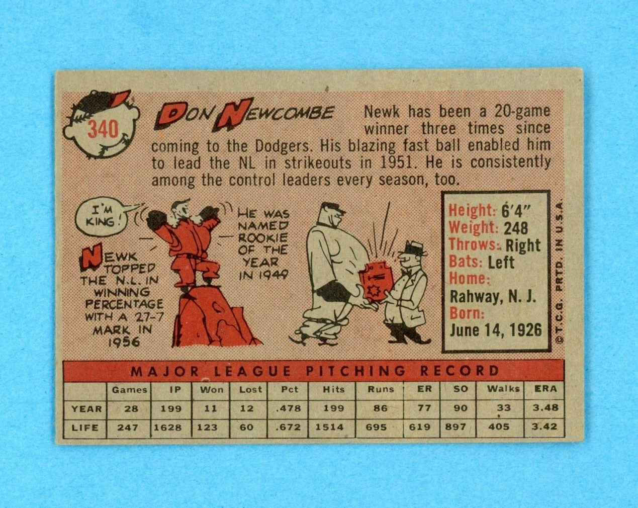 1958 Topps #340 Don Newcombe Los Angeles Dodgers Baseball Card EX