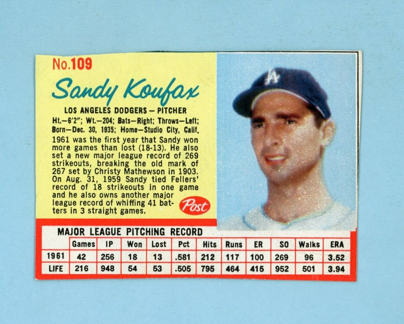 1962 Post Cereal #109 Sandy Koufax Los Angeles Dodgers Baseball Card