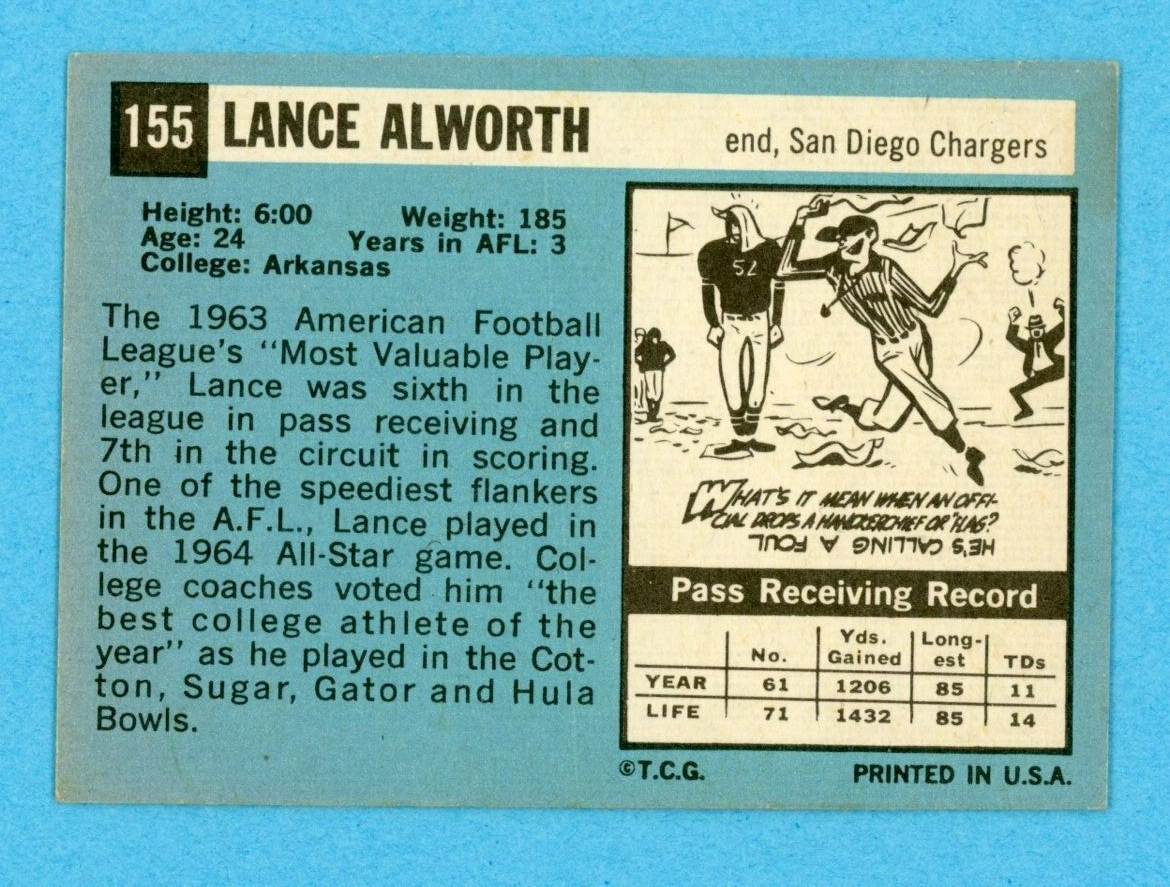 1964 Topps #155 Lance Alworth San Diego Chargers Football Card EX lsabl