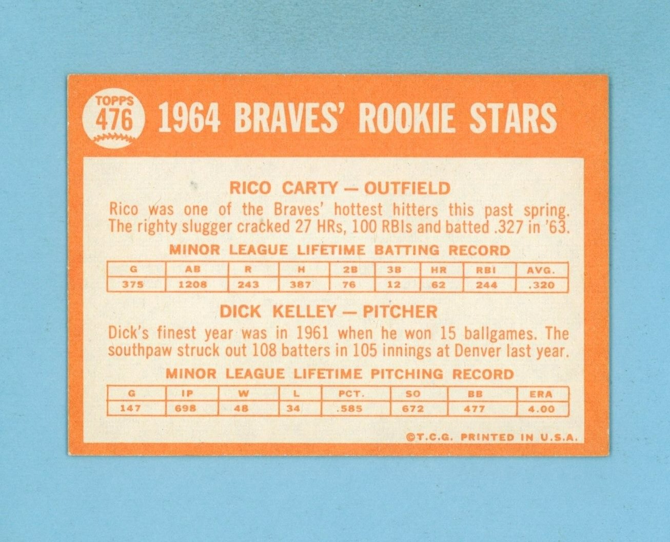 1964 Topps #476 Rico Carty Milwaukee Braves Rookie Baseball Card Ex/Mt