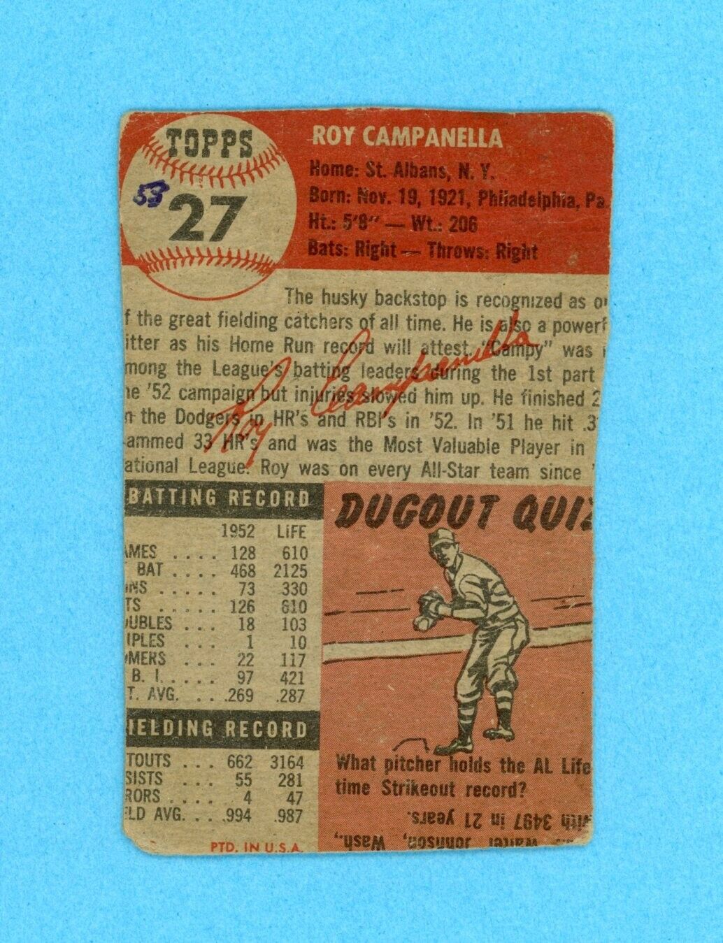 1953 Topps #27 Roy Campanella Brooklyn Dodgers Baseball Card Low Grade TRIMMED