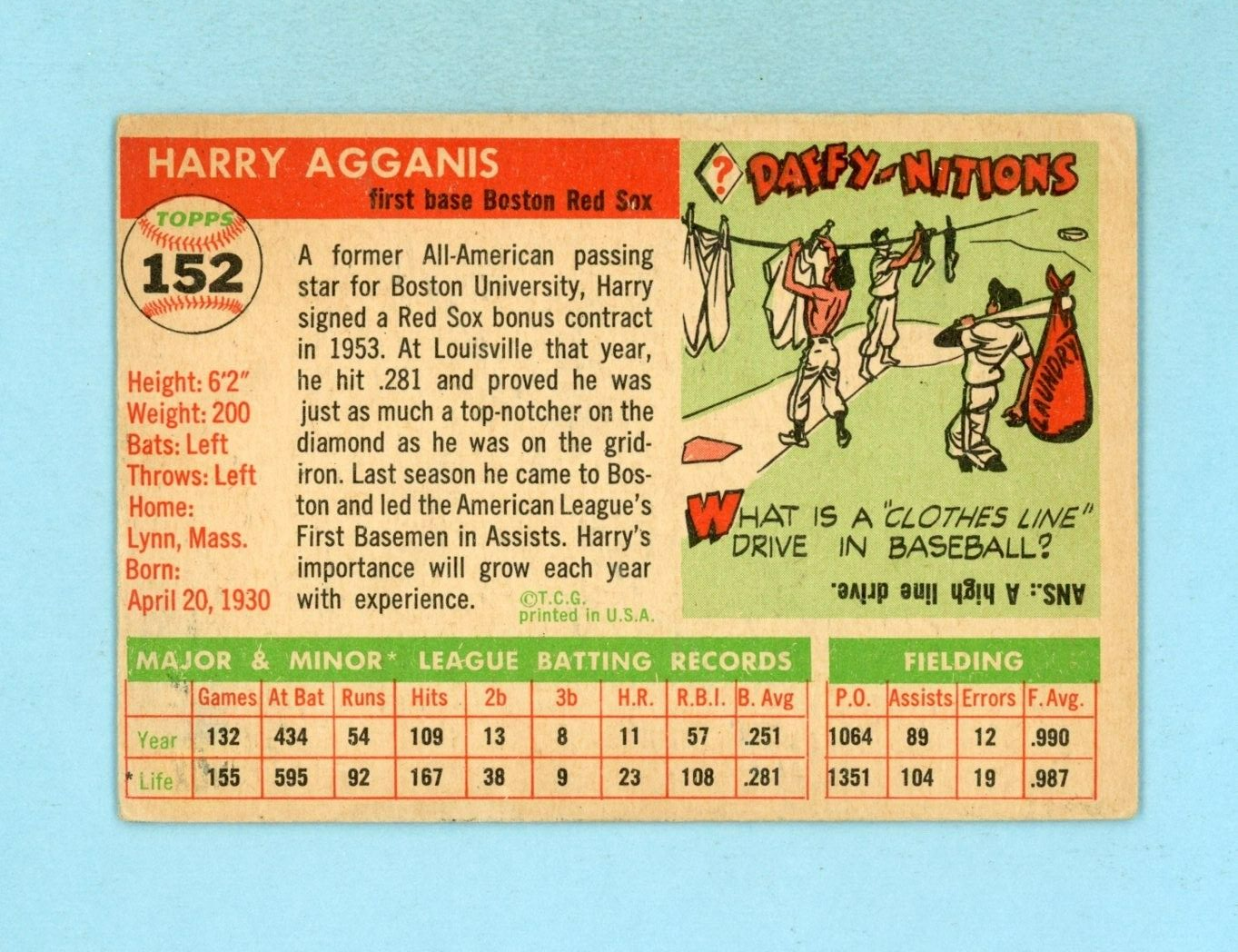 1955 Topps #152 Harry Agganis Boston Red Sox Rookie Baseball Card Low Grade