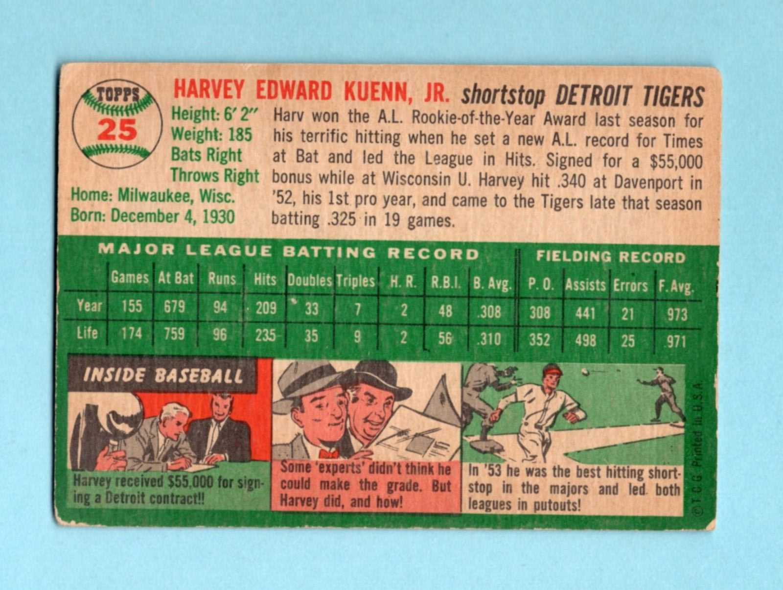 1954 Topps #25 Harvey Kuenn Detroit Tigers Rookie Baseball Card VG