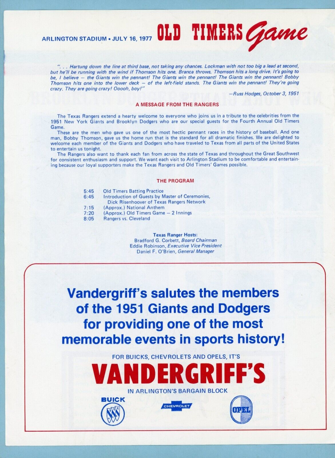 4th Annual Old Timers Game July 16, 1977 Program at Arlington Stadium 4 pages